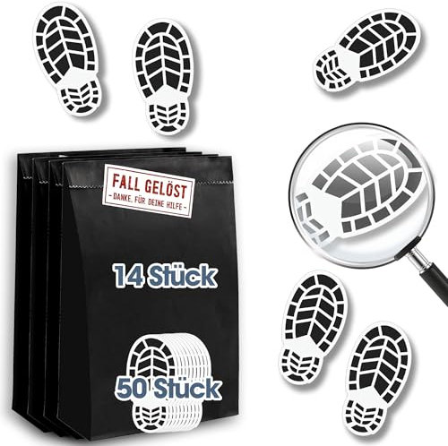 Lichtfroh14 Stück Geschenktüten Kindergeburtstag mit 14 Detektiv-Aufklebern & Fußabdrücke der Beute auf der Spur - 50 Stück für Detektiv-Geburtstag und Kinderparty-Deoration, Perfekt für Detectivparty