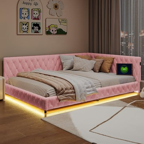 belupai Gepolstertes Schlafsofa aus Plüsch, 140 x 200 cm, mit LED und USB-Aufladung, multifunktional, Tagesbett mit Lattenrost, einfach zu montieren (Matratze nicht im Lieferumfang enthalten) (Rosa)