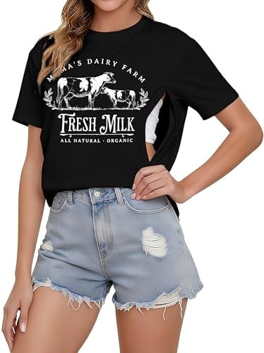 UNIQUEONE Komfort-Stillshirts für Damen, Reißverschluss, Still-Top, lässig, Used-Look, säuregewaschen, Schwangerschafts-T-Shirts, Schwarz, Klein