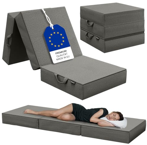 Bellamio Lomme Premium Klappmatratze 90x200 cm – Gästematratze klappbar, 15 cm hoch – Faltmatratze in Dunkelgrau – Reisematratze waschbar – Faltbare Matratze mit Tragegriffen – Bandscheibenwürfel