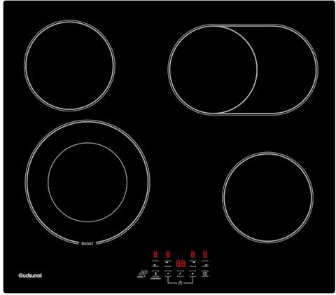 Gudsunal Kochfeld, Glaskeramikkochfeld 60 cm mit 4 Platten, 6,6 kW, Bräterzone, Dualkochzone, 9 Heizstufen, Timer, Automatische Abschaltung, Kindersicherung, Herdplatte 4 Kochfelder, Mattschwarz