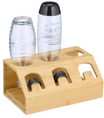 Relaxdays Flaschenhalter kompatibel mit Sodastream-Flaschen, Bambus, mit Abtropfschale, 3er Flaschenständer, Natur