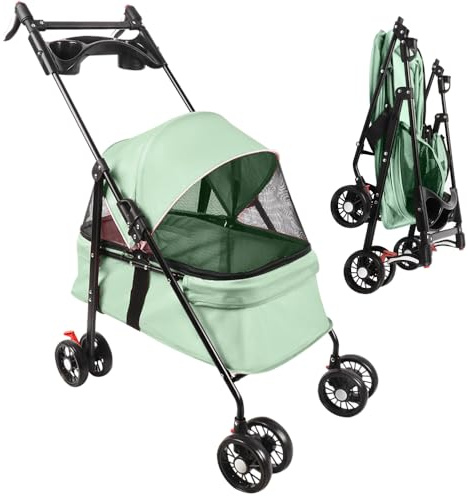 OHMG Poussette Chien,Poussette pour chien et chat,jusqu'à 25kg,4 roues,poussette pliante pour voyage en plein air,Chariot pliable pour chiens,avec fenêtre en maille et porte-gobelet