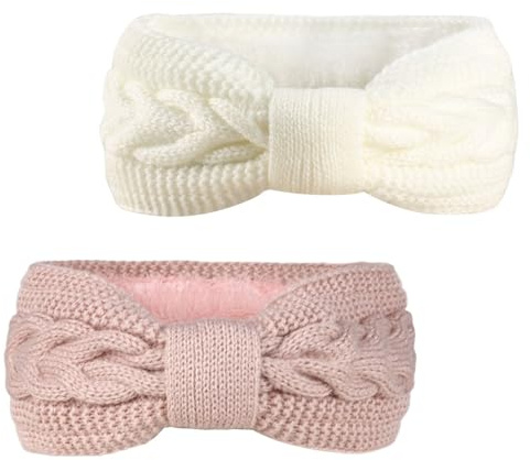 Lot de 2 bandeaux pour femme - Bandeau d'hiver pour femme - En polaire - Élastique - Bandeau tricoté - Bandeau épais pour l'extérieur, l'entraînement, le ski (blanc + rose)