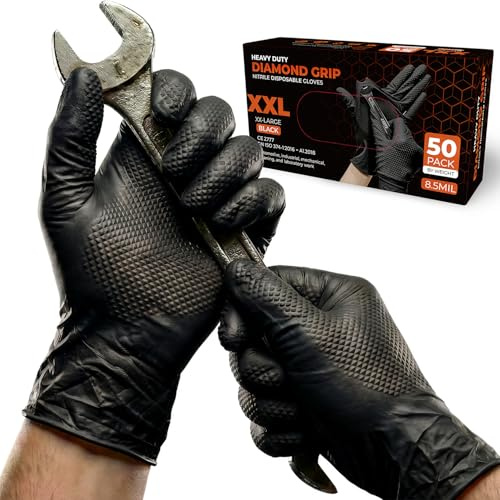 PRAIMA Mechanic Gloves, Diamond Grip Black Nitrile Disposable Gloves | Powder-Free, Latex-Free, Extra Thick & Strong Rubber Gloves for Work, Automotive, Industrial, and Cleaning Use (XXL, 500, count)