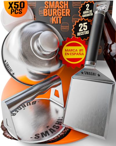 SMASHI® Smash Burger Kit 5 Piezas Profesional | Smasher Acero INOX 304 + Espátula 13 CM con Abridor + Tapa Fundir Queso + 50 Papeles Antiadherentes + 25 Recetas Smash para Hacer en Casa | (Experto)