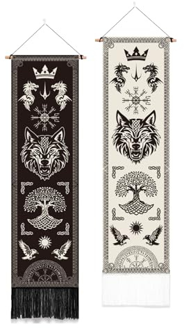 PLIGREAT Packung Mit 2 Wikinger Wandteppich Lebensbaum Wolf Wandteppich Im Nordischen Stil Lang Vertikal Ästhetisch Mit Quasten Für Schlafzimmer Wohnzimmer Heimdekoration 130 x 33cm