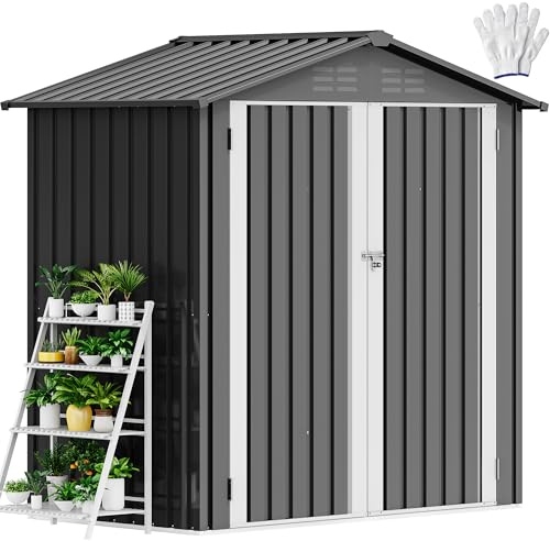 DWVO Gerätehaus 6x4 Fuß (183x122 cm) aus Metall, Gartenhaus mit abschließbarer Tür, Wetterfester Aufbewahrungsschuppen aus feuerverzinktem Stahl für Werkzeuge, Garten & Terrasse - Dunkelgrau