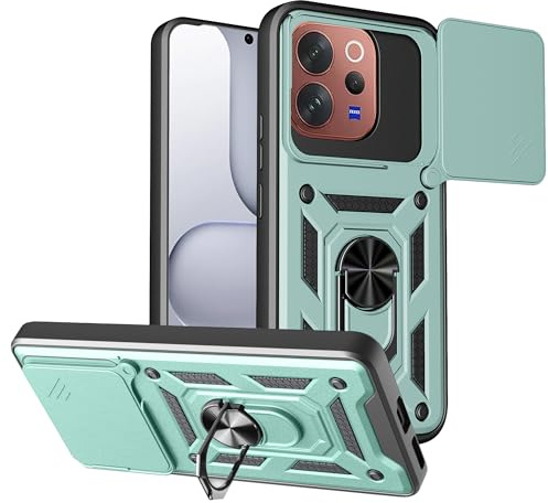 ESHUYI Case for vivo V70/vivo V70 Elite with Slide Camera Cover, Military Grade Shockproof Protective Cover with Rotating Metal Kickstand [Support Magnetic Car Mount] –Green