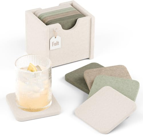 Fluxynara Felt Coasters with Holder, Set of 8 for Drinks, Linen Dusk