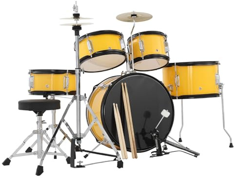Garvee Kit Batterie Junior 5 pièces pour Enfants – Ensemble Complet : Grosse Caisse, Chaussons, Caisse Claire, cymbales, pédale, Tabouret, Baguettes – Percussion débutant garçons Filles – Jaune