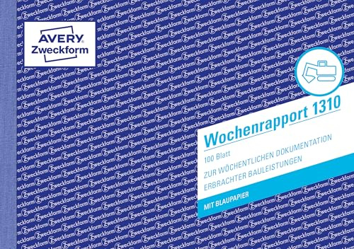 Avery Zweckform 1310 Wochenrapport (A5 quer, mit Blaupapier, von Rechtsexperten geprüft, für Deutschland und Österreich zur wöchentlichen Dokumentation der Arbeitsleistung, 100 Blatt) weiß