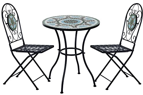 Outsunny 3PCs Bistro Set, Outdoor Metal Frame Mosaic Decoration Garden Table and Chair Set, Patio Folding Chairs Furniture Set