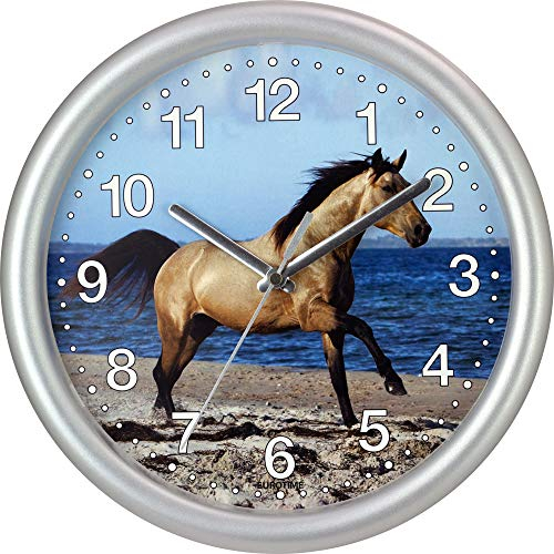 Eurotime Quarzwanduhr, 25 cm, Kunststoffgehäuse Silber, Kunststoffglas, klares 12-Zahlen Zifferblatt mit Pferdemotiv, geräuscharmes Uhrwerk, kein Ticken, Wanduhr für Kinderzimmer, 80021