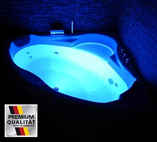 Supply24 since 2004 Whirlpool Badewanne Paris – Made in Germany – Eckmontage (130x130 cm) – 8 Massagedüsen & LED Farblichttherapie – mit Armaturen – Eckwanne für 2 Personen