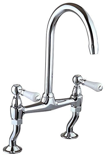 DBS Traditional Kitchen Sink Bridge Mixer Tap With Cranked Legs & Twin Ceramic White Lever Handles, Chrome Finish