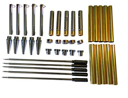 Woodturning Slimline Pen Kit Set x 5, Chrome Finish, Twist Mechanism