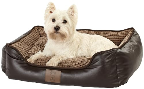 Bunty Tuscan Dog Bed, Medium - Leather Look Pet Bed, Chew Resistant, Soft Fleece Interior, High Density Filling, Firm Insulating Base - Made in the UK - Medium