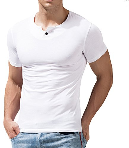 Camiseta Henley Slim Fit Manga Corta para Hombre con Botón Camisas Algodón Blanco M