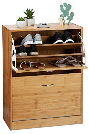 Relaxdays Schuhschrank aus Bambus, 2 Fächer, Schuhkipper für max. 18 Paar Schuhe, Flurschrank, HBT: 80x60x29,5 cm, Natur