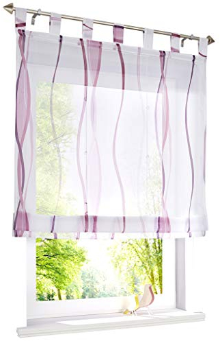 ESLIR Raffrollo mit Schlaufen Gardinen Küche Raffgardinen Transparent Schlaufenrollo Vorhänge Mit Wellen-Druck Modern Voile Violett BxH 140x140cm 1 Stück