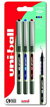 uni-ball UB-157 Eye Tintenroller, 3 Stück, Schwarz/Blau/Rot, kunststofffreie Verpackung