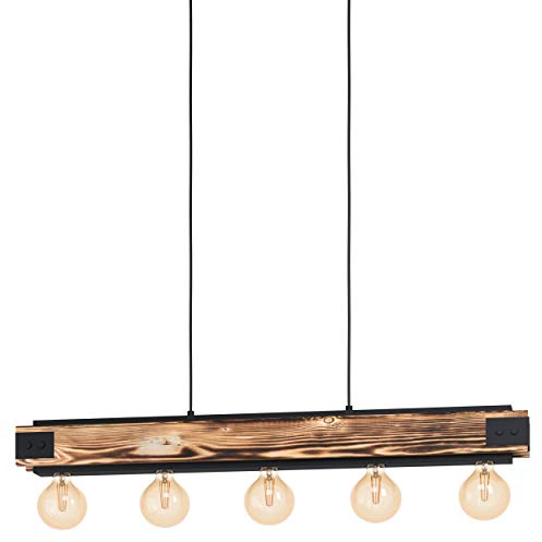 EGLO Pendelleuchte Layham, 5 flammige Hängelampe Vintage, Industrial, Retro, Hängeleuchte aus Stahl und Holz in Schwarz, Natur, Esstischlampe, Wohnzimmerlampe hängend mit E27 Fassung