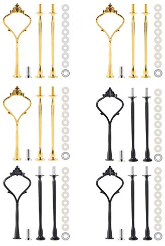 6 Set Cake Stand Fittings Kit 3 Tiered Tray Hardware for Cake Stand Mold Crown 3 Tier Cake Stand Holder Hardware for Wedding Party Making Resin Cupcake Dessert Platter Serving Stand(Gold&Black)