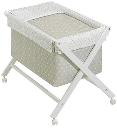 Danielstore Minicuna Plegable | 90x55x72 cm, Madera lacada, colchón Incluido | Ruedas con Freno, Textil algodón, fácil Montaje | Confort y Seguridad para bebé (Estrella Gris BCO)