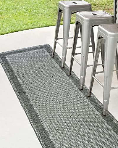 Modern Style Rugs Solstice Flatweave Border Design Very Hardwearing Weather Resistant Grey Area Runner Rug. Available for both Indoor Outdoor Usage, Patio, Garden, Dining Room - 80x200cm