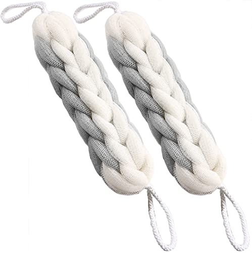 AARainbow Langer Dehnbarer Rückenschwamm, 2 Stück Dusche Rückenschrubber mit Seilgriffen, Bad Netzschwamm Peeling Luffa für Männer und Frauen (2 Grau)