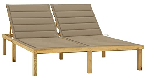 vidaXL Tumbona Doble y Cojines Hamaca Piscina Playa Cama Patio Terraza Balcón Jardín Relajante Chaise Longue Beige Madera Pino Impregnada