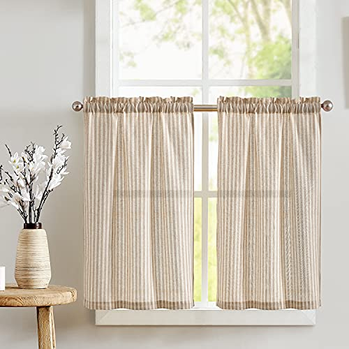 TOPICK 2er Set H 90 x B 65 (cm) Gestreifte Scheibengardinen Leinen Gardinen mit Streifen Küchenvorhang Blickdicht Kurz Küchengardinen für Küchen Esszimmer Badezimmer Klein Fenster Braun auf Beige