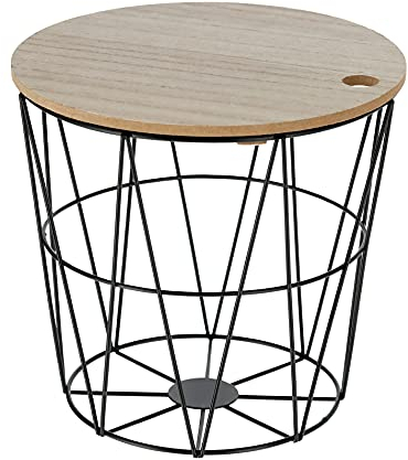 Meinposten Kleiner Beistelltisch Aufbewahrungskorb Mini Tisch Korb mit Deckel Metall Holz rund schwarz Ø 22 x H 21 cm
