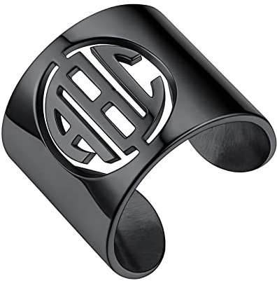 U7 Damen Herren personalisiert Namensring schwarz Offener Ring mit 3 Buchstaben 16,5mm breit Statement Ring verstellbar Modeschmuck für Männer Frauen
