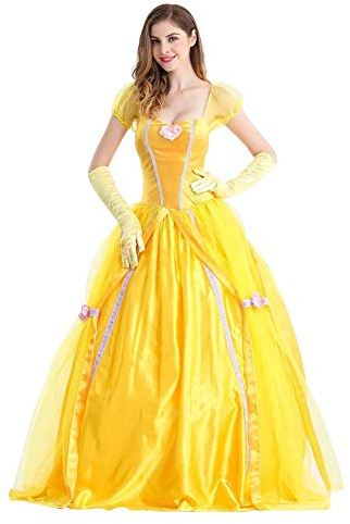 Femme Déguisement de Princesse Belle Robe La Belle et la Bête Adulte Costume de Belle Fancy Dress Up Déguisement Jaune Halloween Carnaval Soirée Fête Noël Robe avec Gants Jaune S