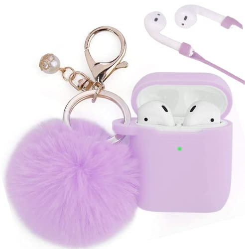 PERSONALLY YOURZ Airpods Case Cover, For Apple Airpod 2 & 1 Generation, Silicone Shockproof Protective Airpod Case【Front LED Visible, Support Wireless Charging】With Keyring & Fluffy Pompom - LILAC