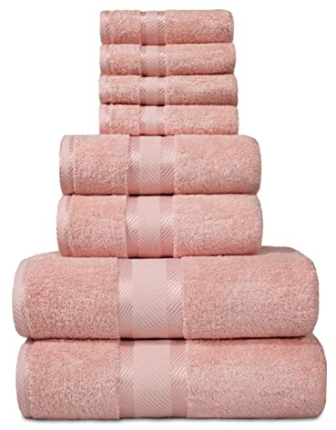JAQAAR 8-teiliges Handtücher Set aus 100% Baumwolle, ÖKO Tex geprüft, 550 GSM sehr weich und super saugfähig, 2 Badetücher, 2 Handtücher, 4 Gästetücher (Farbe Hellrosa).