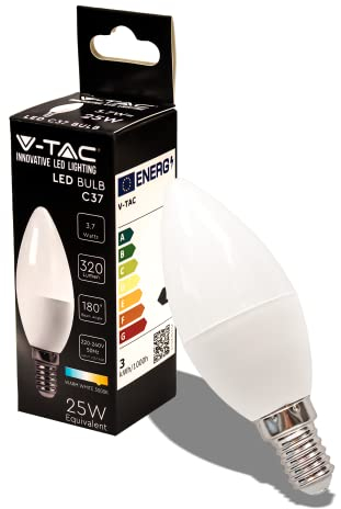 V-TAC Bombilla LED Vela E14, Edison, 3.7W (Equivalente a 25W) - 320 Lumen - 3000K Blanco Cálido - Apertura del Haz de Luz 180° - Máxima Eficiencia y Bajo Consumo