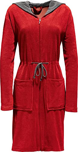 Erwin Müller Bademantel Damen rot/grau Größe 44/46, Morgenmantel, Saunamantel Frottier - mit Kapuze, Reißverschluss, Taschen, schnelltrocknend, pflegeleicht