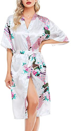 Lovasy Peignoir Satin Femme Robes de Chambre et Kimonos de Mariée Robes de Chambre Soie Court Kimono Col V avec Ceinture,Blanc,L
