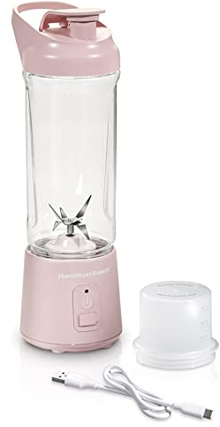 Hamilton Beach Cordless Portable Personal Blender for Shakes and Smoothies, USB Rechargeable, 16 oz. Jar with Leakproof Travel Lid, 6 Stainless Steel Blades, Pink (51181)