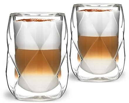 Vialli Design Set 2 x Thermogläser Doppelwandig 350 ml, Gläser für Latte Macchiato, Cappuccino, Geo Kollektion, Latte Tassen, Kaffeetassen, Kaffeegläser, Hitzebeständiges Glas, Transparente