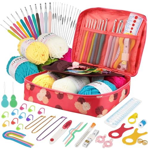 YINVA Häkelset für Anfänger 111 Stück Häkelnadel Set 0.6mm-8mm Ergonomische Häkelnadeln Crochet Set Stricken für Anfänger Set Häkelgarn Tragbaren Tasche Strickzubehör(Rosenrot)