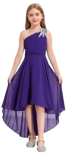 TiaoBug Enfant Fille Robe Princesse Soirée à Perles Une Épaule Plissé Robe Demoiselle d'honneur Mariage Cérémonie Robes de Bal Carnaval Fête 6-16 Ans Violet 15-16 Ans
