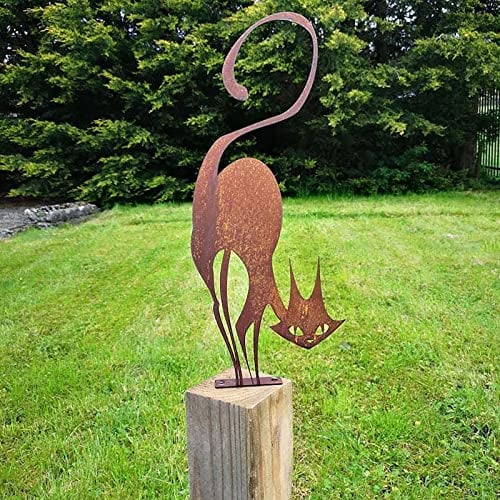 CCWORAN Ornements de jardin en métal pour clôtures, décorations d'extérieur, maison, chat, animaux, sculptures de jardin, silhouettes en fonte rouillée, décoration murale, cadeau pour chat d'Halloween