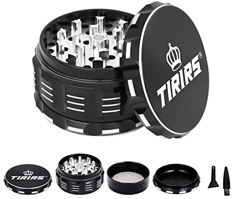 TIRIRS 3 Inches 4 Pieces Premium Herb Grinder - Aluminium Large Spice Grinder with Pollen Catcher, Comes with Pollen Scraper and Cleaning Brush, Black