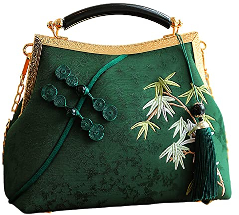 Anopo Damen Bestickte Clutch Chinesischer Stil Vintage Handtasche mit Quaste Anhänger Umhängetasche für Hanfu Cheongsam Dunkelgrün