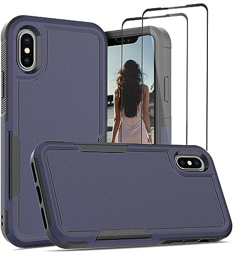 Jeylly for iPhone X/iPhone Xs Case and 2 X Glass Screen Protector, Military Grade Drop Protection Dual Layer Hard Plastic Soft Bumper Anti Scratch Rugged Back Cover for iPhone X/Xs, Navy Blue