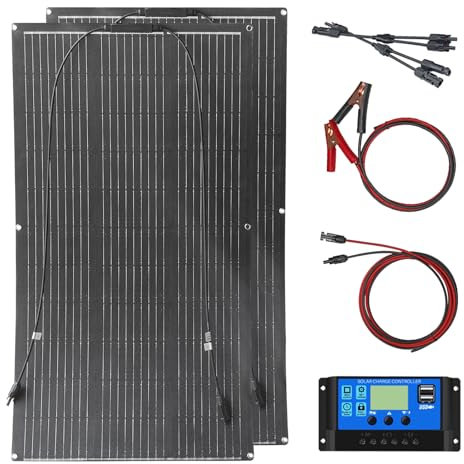 Aysolar 200W Kit Panneaux Solaires Flexibles 2x100W 18V ETFE Monocristallin Module avec 20A Charge Contrôleur pour Charge la Batterie 12V/24V Camping-Car Camper Van Bateau Caravane
